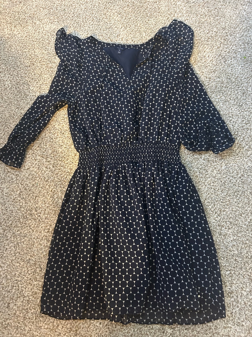 Nautica Navy and White Geometric Smocked-Waist Midi Dress